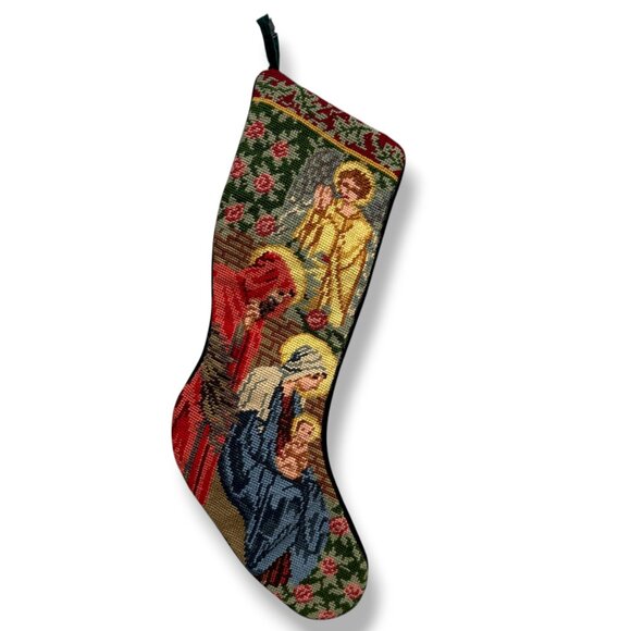 Needlepoint Christmas Stocking Nativity Scene Old World Religious Holiday Decor - Picture 6 of 11